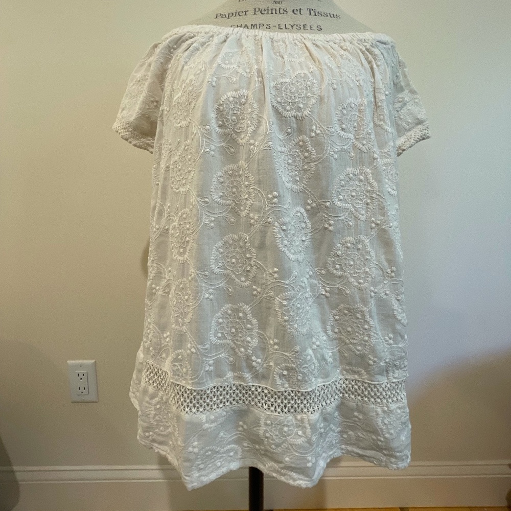 Lucky Brand Embroidery and Lace Blouse, L, Off White
